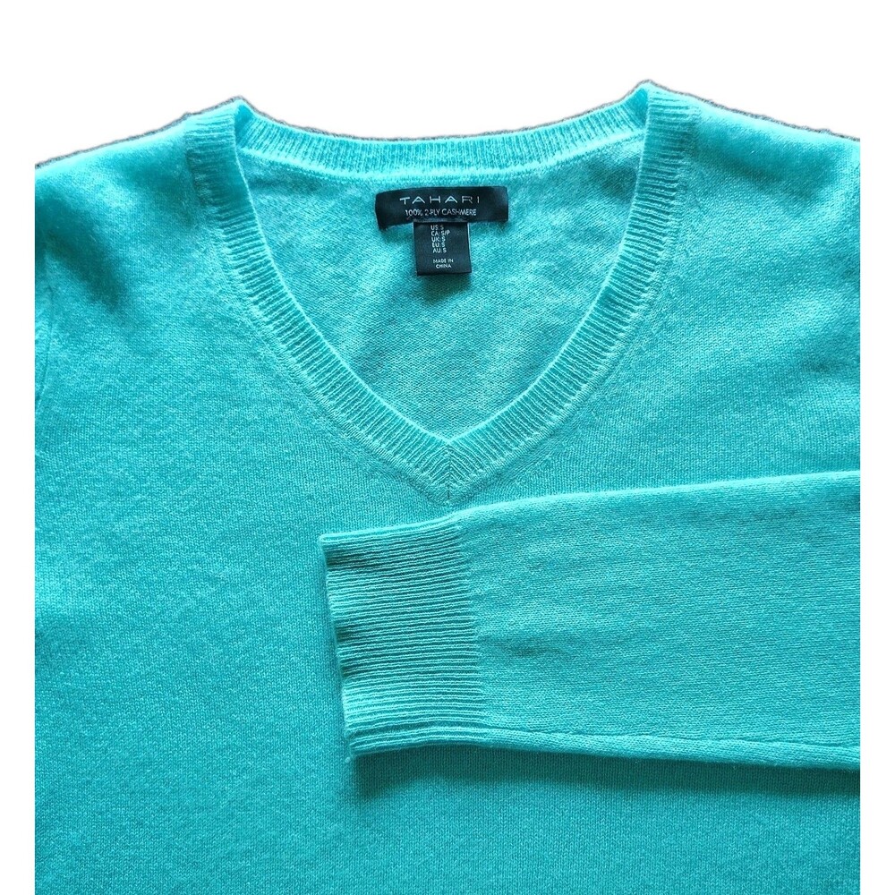 Tahari Womens Small 100% 2-Ply Cashmere Sweater Aqua V-Neck Soft Luxury NWOT